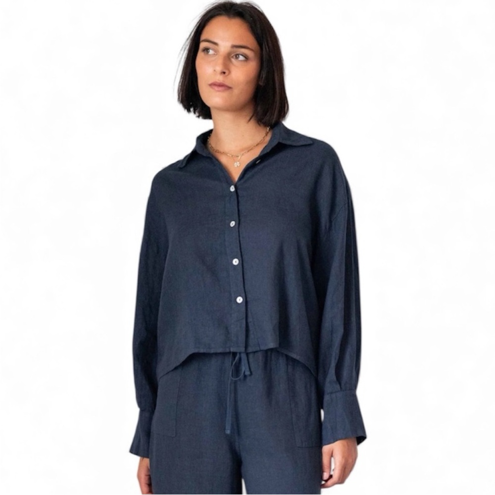 Mersea Hermosa Boxy Button Up Top Navy Blue Size L/XL NWT